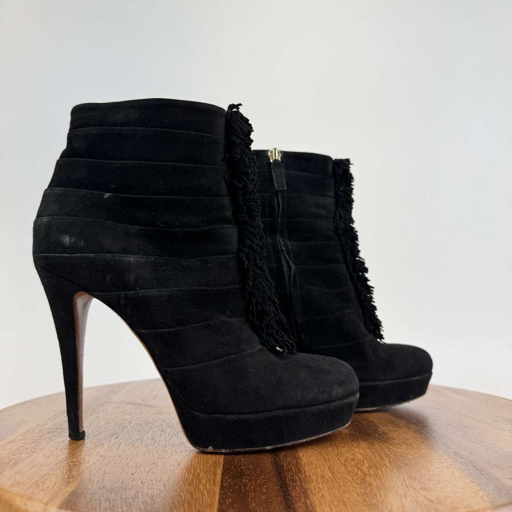 Womens Gucci Black‎ Suede Fringe Trim Platform Heeled Ankle Boots Size EU 37.5